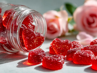 Heart-shaped fruit jellies spilling from a jar with pink roses in the background
