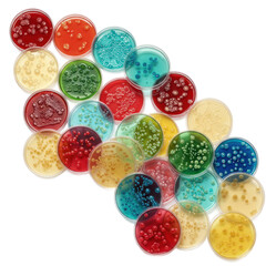 A vibrant array of petri dishes, showcasing diverse colors and bacterial growth patterns, arranged in a visually appealing geometric design.