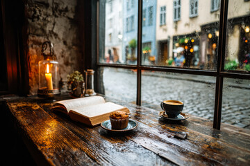Cozy caf? scene with a book, coffee, and muffin by the window on a rainy day