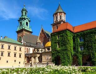 Old European castle complex in a sunny day