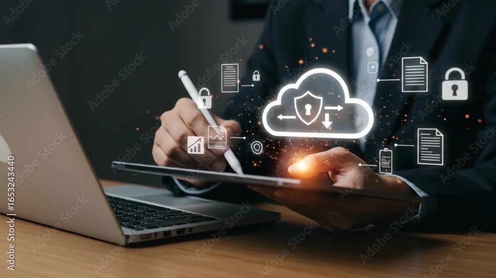 Poster man in suit using tablet with cloud security icons and laptop on wooden desk in a dark background