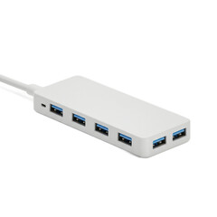 A rectangular, white USB hub with five ports is angled to show its features and design.