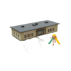 A beige school building with a colorful playground, featuring small figures of people, is displayed in an illustrative composition.