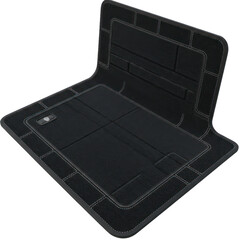 Modern, stylish black car floor mat with decorative stitching and geometric design.