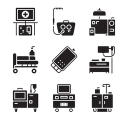 HospitalEquipmentSilhouetteIcons – Solid Black Medical Icon Set, Flat Vector Bundle