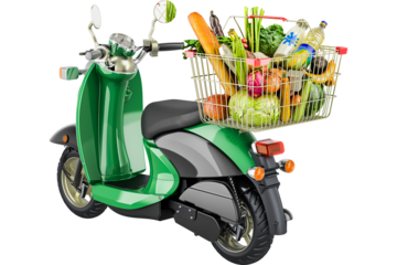 Motor scooter with shopping basket full of products. Order products concept, transparent background
