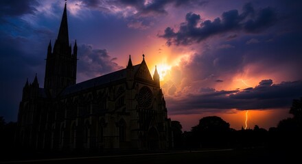 Gothic Cathedral Silhouette During Dramatic Thunderstorm with Lightning and Sunset Colors