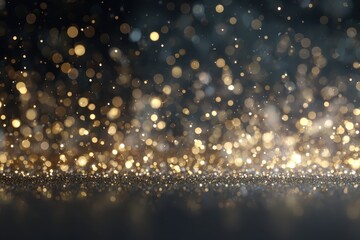 Naklejka premium Golden Bokeh Lights on Dark Background with Glittering Surface, Festive Atmosphere