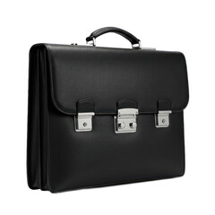 A black leather briefcase with metallic closures presents a sophisticated and professional look.