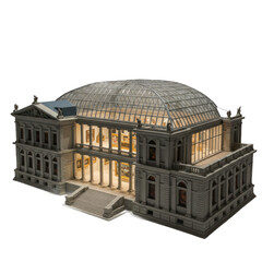 A detailed architectural model of a grand museum building, showcasing its intricate facade and transparent dome.