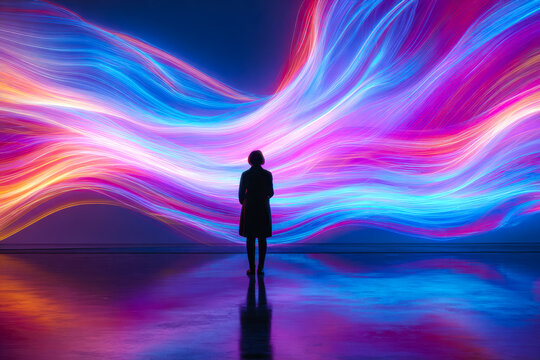 A person observing vibrant, flowing light patterns on a large digital screen in a darkened gallery