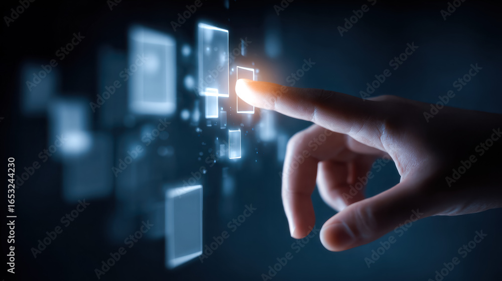 Poster hands interacting with a digital touchscreen interface showing holographic icons