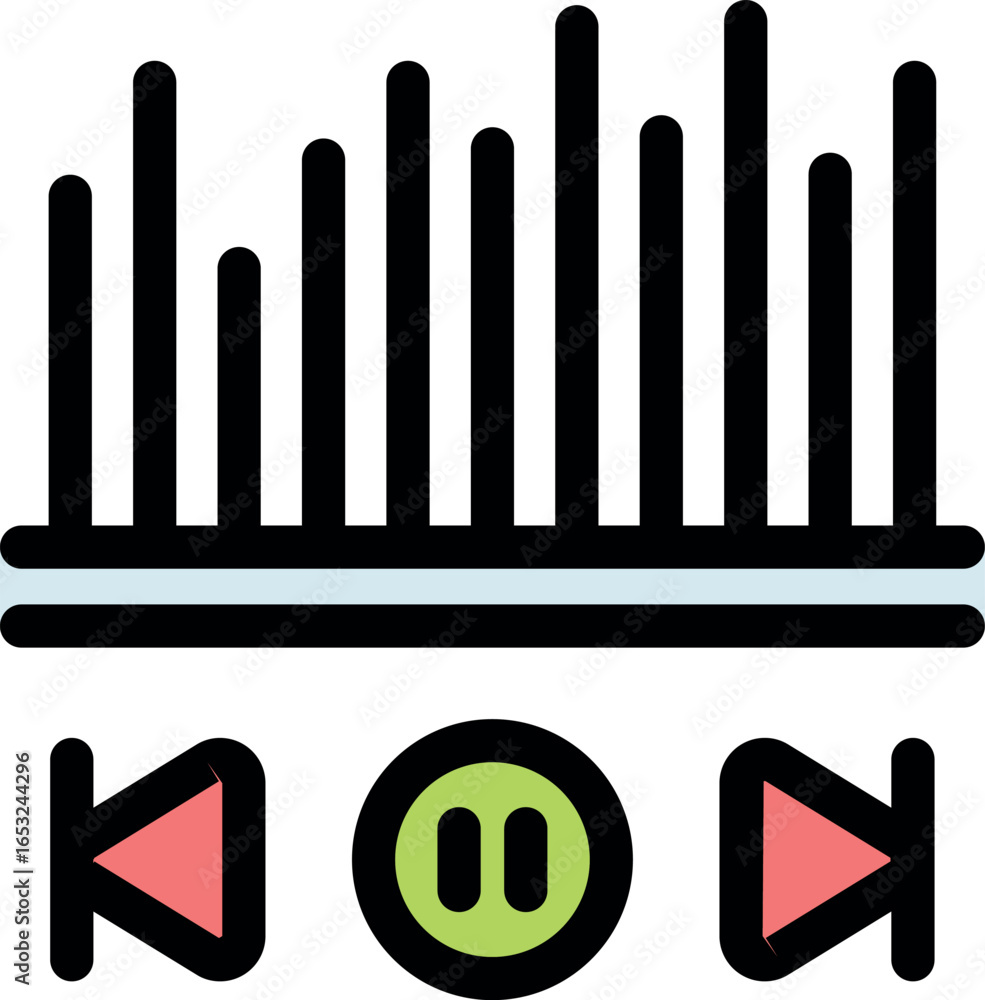 Poster music player interface displaying a paused song, visualized by a waveform and accompanied by play, p