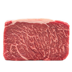 A rectangular slab of fresh, vibrant red meat displays a marbled texture.