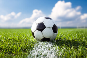 Classic black-and-white soccer ball on a vibrant green field under a bright blue sky