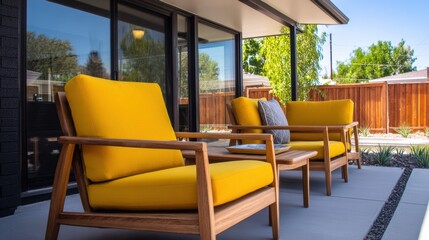 Fototapeta premium Bright yellow chairs on a modern patio, surrounded by greenery and a wooden fence in a sunny setting