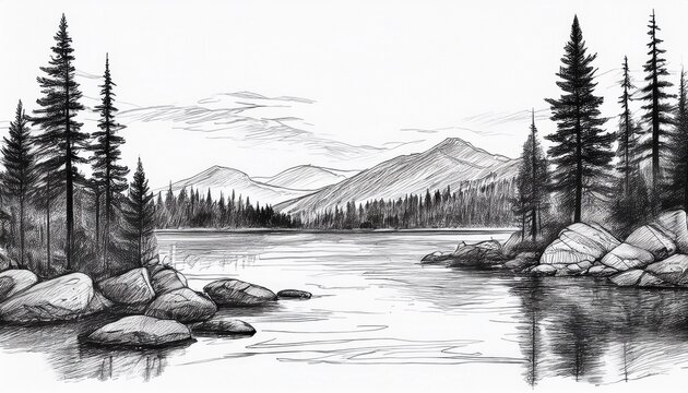 coniferous trees spruce rocky lake shore calm water mountains northern nature landscape sketch in ink