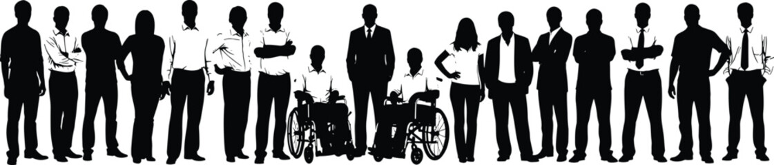 Silhouette vector illustration of diverse people standing in line, including wheelchair users, promoting inclusion, diversity, accessibility, equality, community design