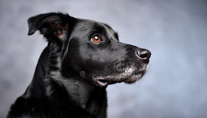 close up of black dog with alert expression looking attentively sideways