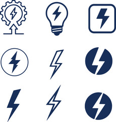 energy icon set. Vector glyph pictograms of lightning bolt, battery, plug, solar panel, wind turbine, power, renewable energy, electrical safety black silhouette illustration