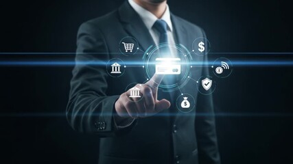 A man in a suit touching a digital credit card icon surrounded by other financial related icons on screen - Powered by Adobe