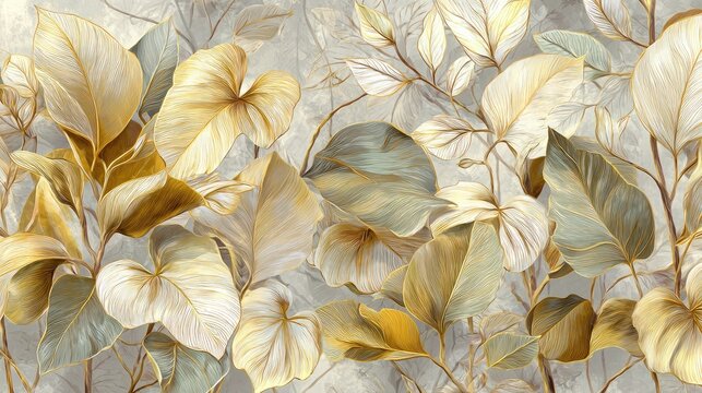 Intricate gold and muted grey leaf design.