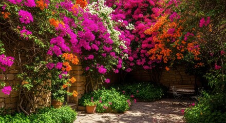 Vibrant Bougainvillea Blooms Enveloping Stone Patio Garden
