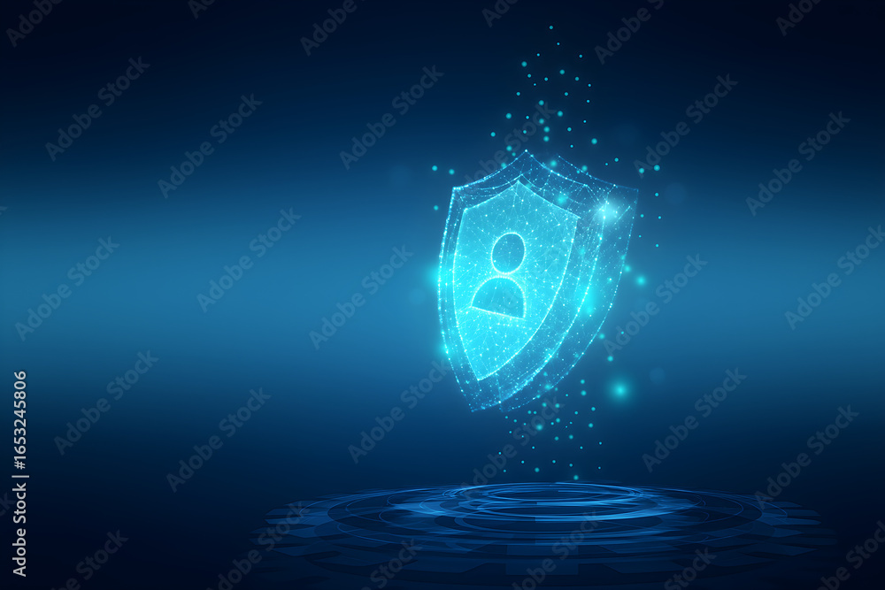 Poster digital shield with a person icon floating over rippling water, representing security.
