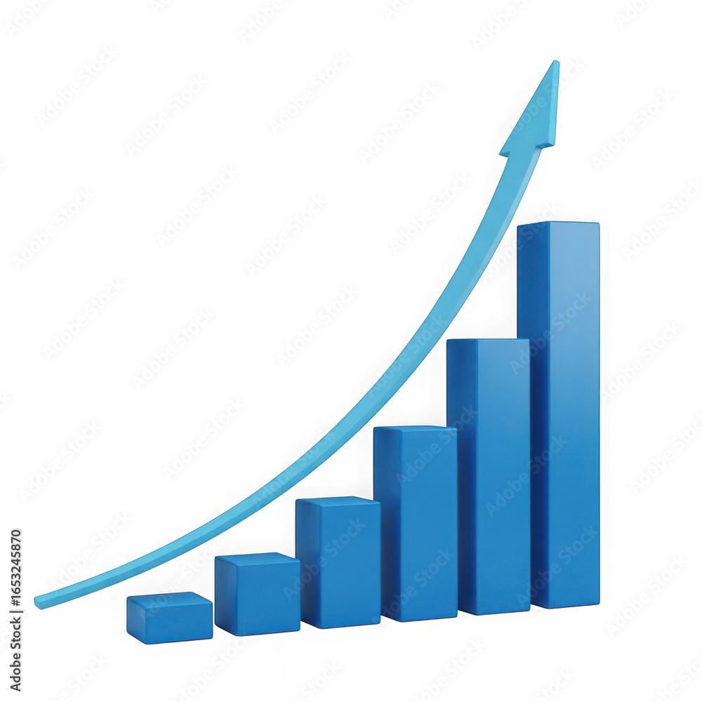 Poster 3d blue bar chart graph showing upward trend with arrow isolated on transparent background