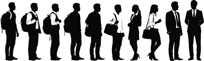 PrintSilhouette vector illustration of nine business people standing in line with backpacks, handbags, briefcase, professional attire, diverse poses, waiting concept