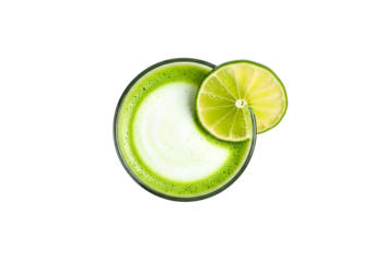 Glass of Matcha green tea with lime slice isolated on white background include clipping path. Top view.