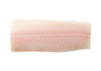 Tender Pacific cod loin, raw fish fillet featuring a light hue and flaky texture, perfect for pan-searing or steaming. isolated on white background. top view.