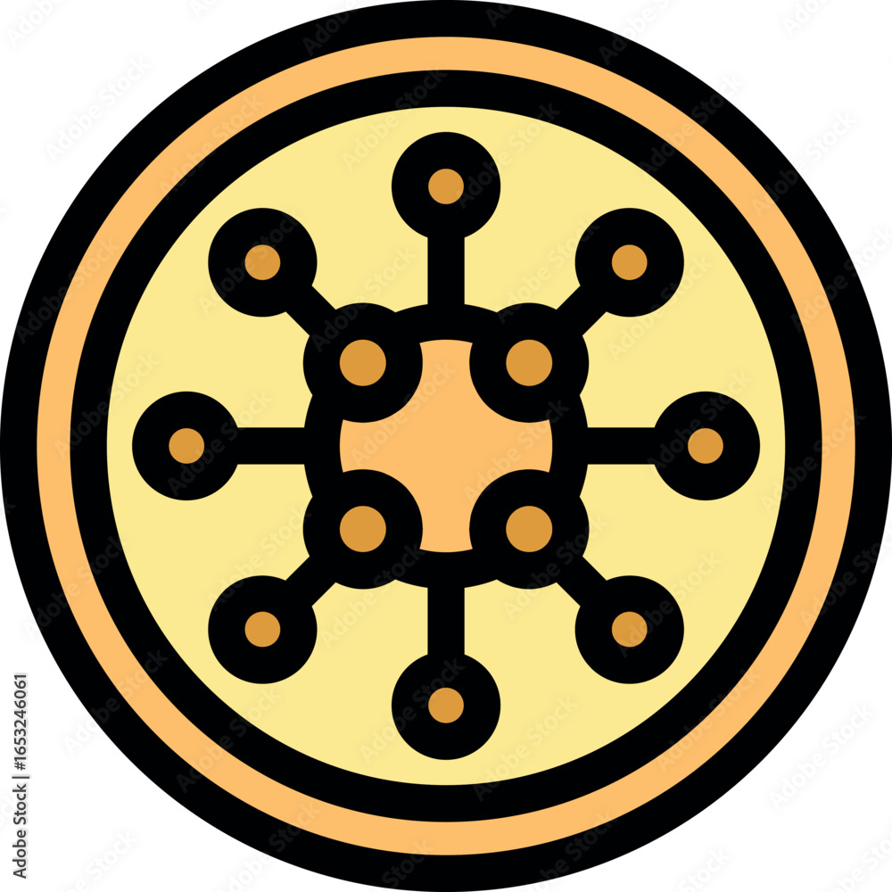 Poster yellow round futuristic button showing interconnected nodes representing a network hub or a neural n