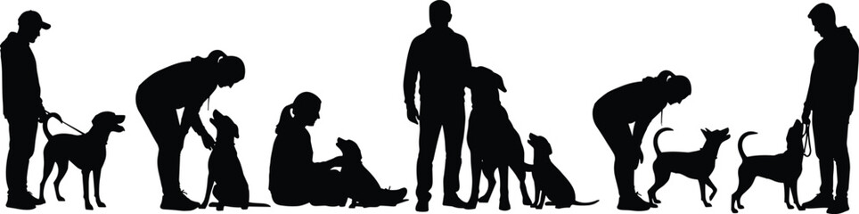 PrintSilhouette vector illustration of people with dogs in various activities, including walking, petting, sitting, and playful outdoor companionship scenes