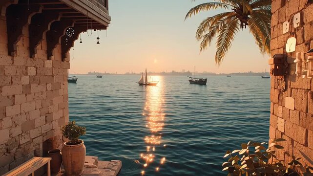 a narrow historical seaside alley at sunset, showing traditional Hejazi architecture on both sides with intricate wooden Rawasheen balconies