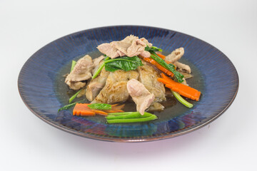 Rad Na Moo or Fried Noodles with Pork in Thick Gravy Sauce on white background , Thai Style food