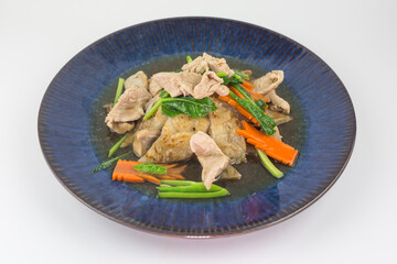 Rad Na Moo or Fried Noodles with Pork in Thick Gravy Sauce on white background , Thai Style food