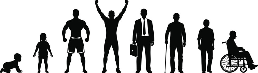 PrintSilhouette vector illustration showing different stages of human life from infancy to old age, representing growth, mobility, achievement, and aging process