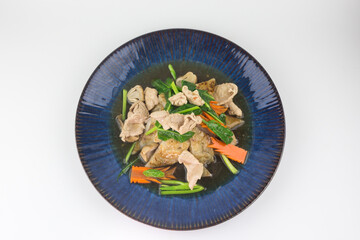 Rad Na Moo or Fried Noodles with Pork in Thick Gravy Sauce on white background , Thai Style food