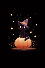 Black feline donning witchy headwear perched atop orange gourd beneath starry Halloween sky