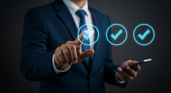 A businessman is using a smartphone to select a check mark icon, representing success, approval, and verification in a business or quality control context