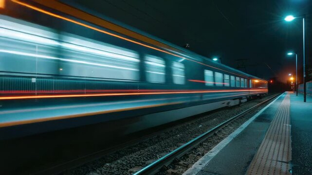 A blurry image of a train approaching the tracks
