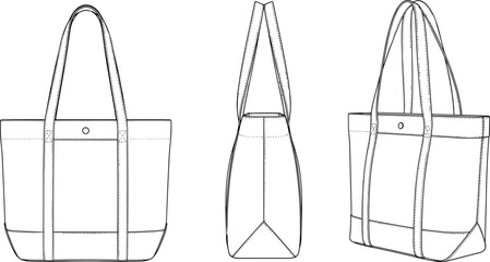 PrintTote bag technical flat sketch, front side view, side view, perspective illustration for fashion accessory and product vector design
