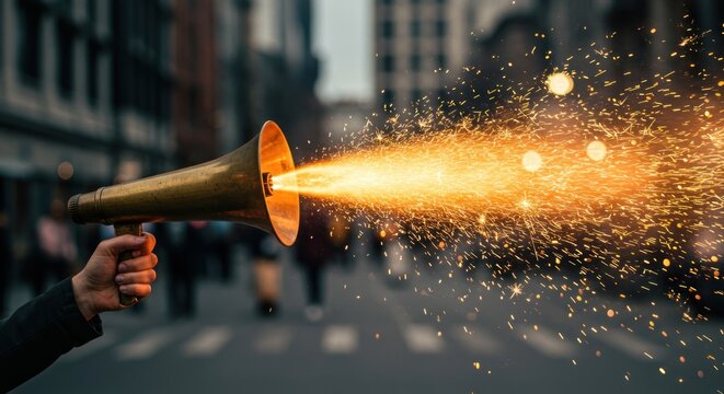 A person holding a megaphone projects a stream of glowing particles into a blurred city scene.