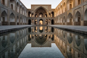 Islamic Architecture Reflection: Intricate Arches and Pool in Iran Courtyard
