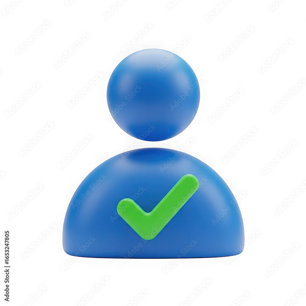 Poster 3d blue user icon with green checkmark symbol isolated on transparent background