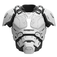 Detailed futuristic body armor, displaying intricate design and a grayscale color palette.