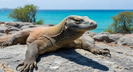 Fototapeta premium Large Desert Iguana Resting on Rocky Terrain Near Ocean Under Bright Sun