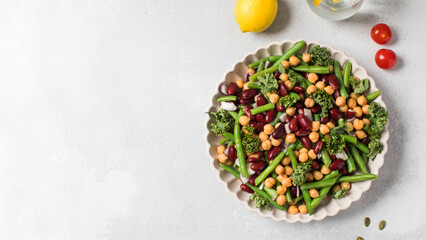 Fresh mixed salad of beans and chickpeas. Vegetarian dishes rich in vegetable protein. Copy space