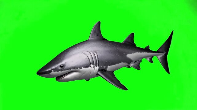 A 3D animation of a great white shark swimming forward with an alert, aggressive posture, isolated on a green screen. Perfect for thriller scenes, ocean documentaries, and underwater animation use.